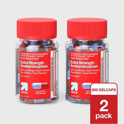 up&up™ 2 count 100 count Each Acetaminophen Extra Strength Pain Reliever + Fever Reducer Quick Release Gelcaps