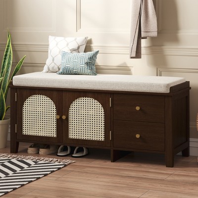 Entryway Shoe Storage Bench with Cushion, 2 Rattan Doors & 2 Drawers, Wooden Shoe Organizer with Seating for Hallway & Mudroom - HABITRIO
