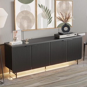 SAINTCY 68" Mid-Century Modern Fluted Sideboard Cabinet with 4 Doors, LED Lights, Adjustable Shelves – Wine/Coffee Bar & Dining/Living Room Storage - 1 of 4