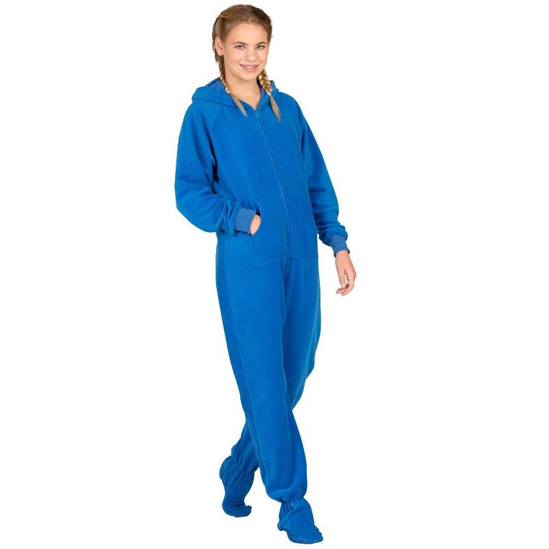 Footed Pajamas - Brilliant Blue Kids Hoodie Fleece Onesie, 3 of 5