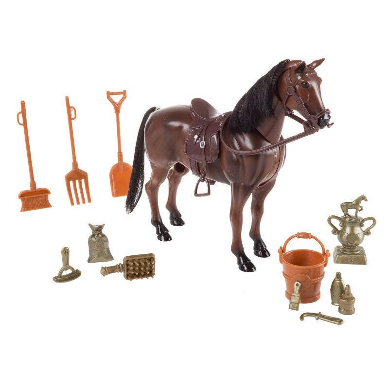 Toy Horse Set With Brushable Mane and Tail, Movable Head, and 12 Accessories - Brown/Black by Toy Time, 1 of 8