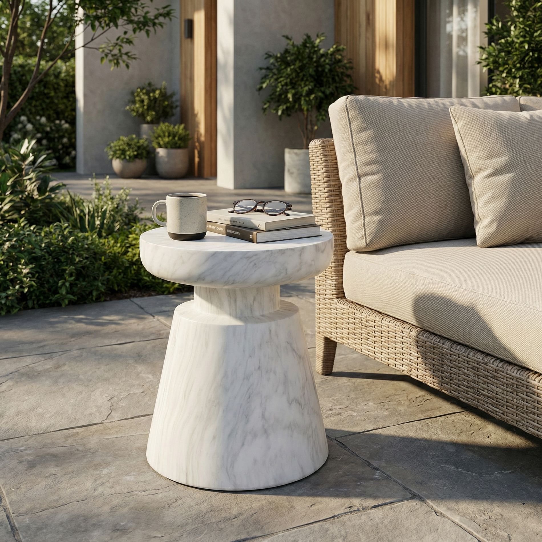ModernLuxe Round End Table Outdoor Lightweight Concrete Side Table, Faux Travertine Stone Pedestal Accent Table, No Assembly Required, White