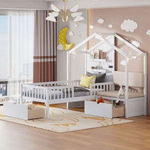 Twin Size House Bed with Upholstered Sofa House Bed with Charging Station Wireless Charging Shelves and Two Drawers White - 1 of 4