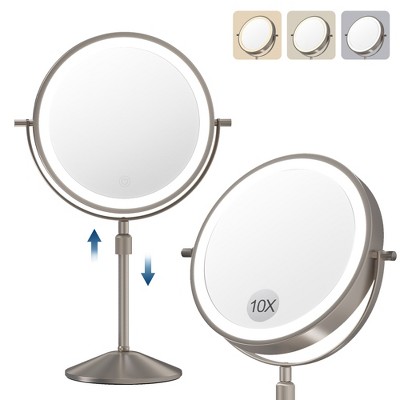 Makeup Mirror,360° Rotatable Height Adjustable Double Sided Mirror, 1x/10x True HD Magnifier,3 Colors,Adjustable Brightness