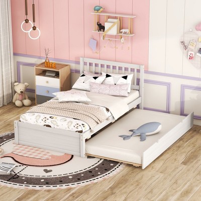 VASIP Wooden White Washed Twin Size Platform Bed Frame with Trundle - Sturdy Construction, Space-Saving Design, Easy Assembly