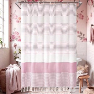 Boho Pink Stripe Shower Curtain 72x72 Inches Farmhouse Cotton Tassel for Girls Coral Bathroom - 1 of 4