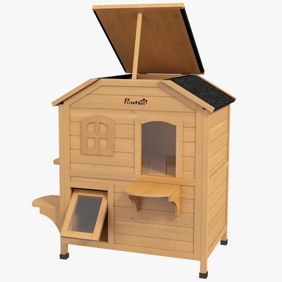 Natural Wood 2-Story Outdoor Cat House with Platforms