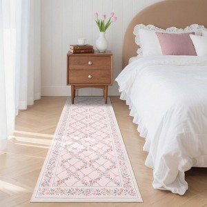 Washable Runner Rug - Modern Floral Vine Non-Slip Kitchen Entryway Carpet Stain Resistant Low Pile Floor Cover for Bathroom - 1 of 4