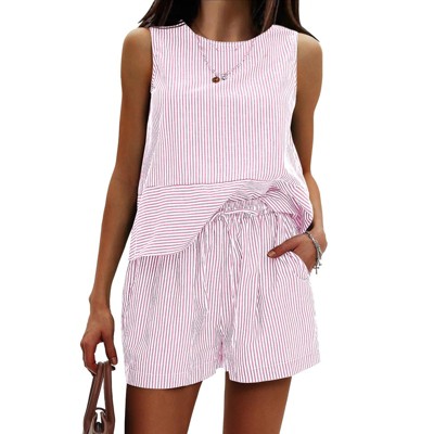 EXLURA Women's Summer 2 Piece Outfits Sleeveless Tank Top Matching Shorts Sets Cotton Striped Sweatsuits Vacation Beach 2025