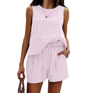 EXLURA Women's Summer 2 Piece Outfits Sleeveless Tank Top Matching Shorts Sets Cotton Striped Sweatsuits Vacation Beach 2025 - 1 of 4