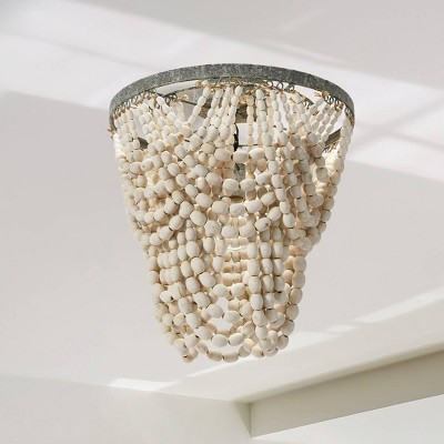 White 2-Tier Draped Wood Bead Semi-Flush Mount Ceiling Light