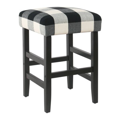 Square Wooden Counter Height Barstool with Buffalo Plaid Fabric Upholstered Seat Black/White - Benzara