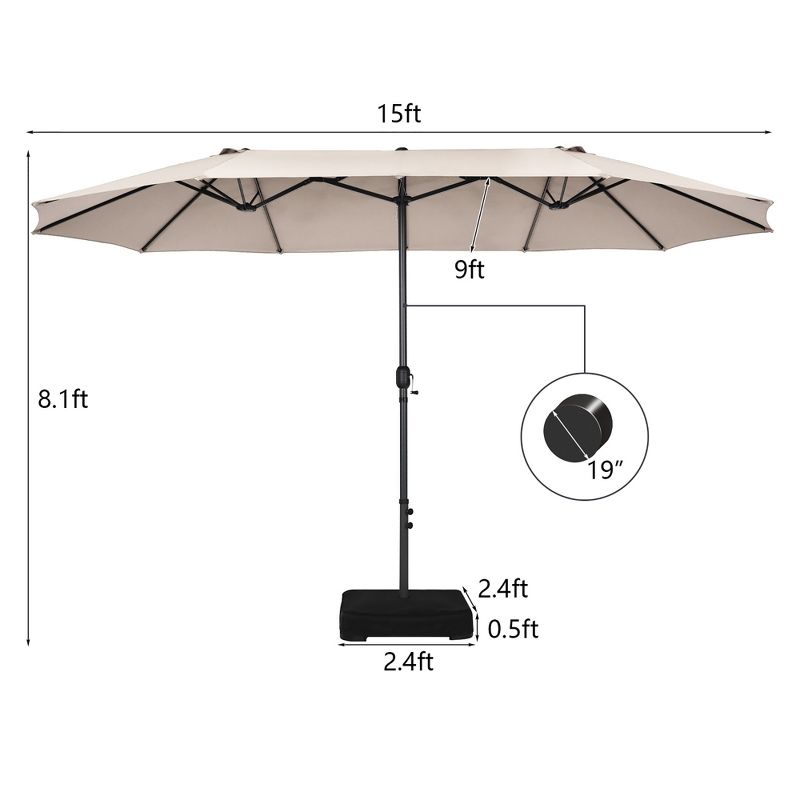 15FT Double-Sided Twin Patio Umbrella Sun Shade Outdoor Crank Market Base Beige/Coffee/Grey/Orange/Navy/Turquoise/Wine, 3 of 10