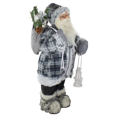 24" Gray Plaid Santa Figurine with Lantern and Faux Fur