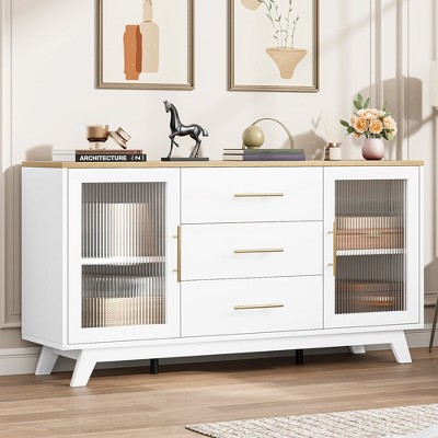 Whizmax 56" Sideboard Buffet Cabinet with 2 Fluted Glass Doors, Modern Coffee Bar Cabinet with 3 Large Drawers for Kitchen Dining Living Room