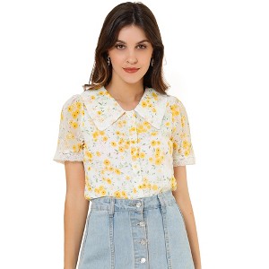 INSPIRE CHIC Women's Peter Pan Collar Lace Trim Embroidered Casual Floral Blouse - 1 of 4