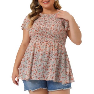 Agnes Orinda Women's Plus Size Chiffon Smock Waist Ditsy Floral Peplum Casual Blouses - 1 of 4