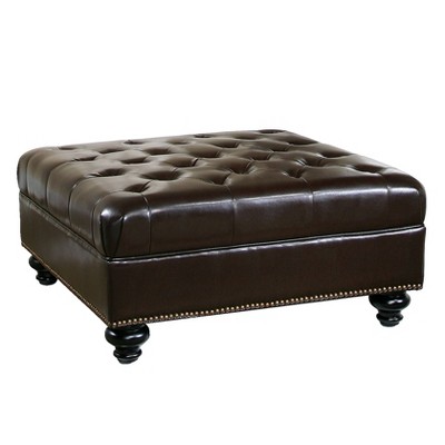 Sidney Bonded Leather Tufted Nailhead Trim Ottoman -Brown - Abbyson Living