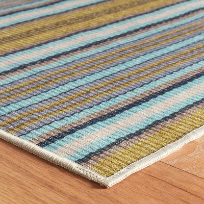 Green and Blue Stripe Synthetic Rectangular Washable Rug 3' x 5'