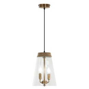 River of Goods 9.75" 2-Light Navarro Metal-Glass and Mango Wood Pendant: Industrial Style, UL Listed, Adjustable Height - 1 of 4
