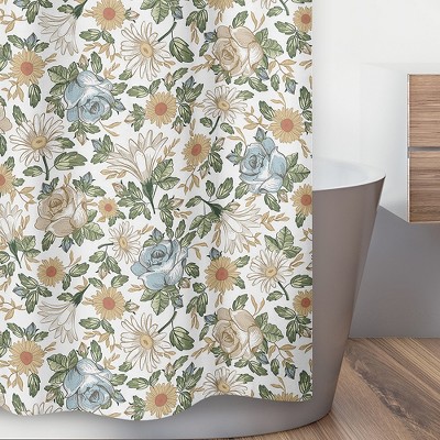 Vintage Floral Blue and Yellow Fabric Shower Curtain