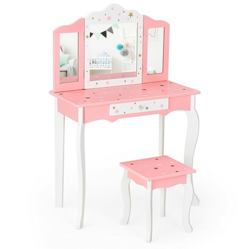 Kids Vanity Table and Chair Set with Removable Tri-Folding Mirror-White | Costway