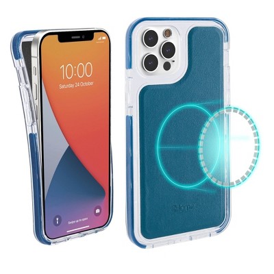 iHome Magnetic Vegan Leather Velo Case, Ultra Slim, Shock Absorbent, MagSafe Compatible for iPhone 12 Pro Max, Navy