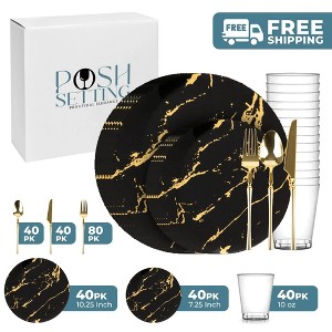 Posh Setting 280 Piece Black And Gold Plastic Party Bundle - Stroke (40 Settings) - 1 of 4