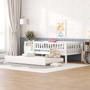 PAGED Twin Size Daybed Modern Simple Wooden Bed Frame with Trundle, Guardrail and Opening for Bedroom, Living - 1 of 4