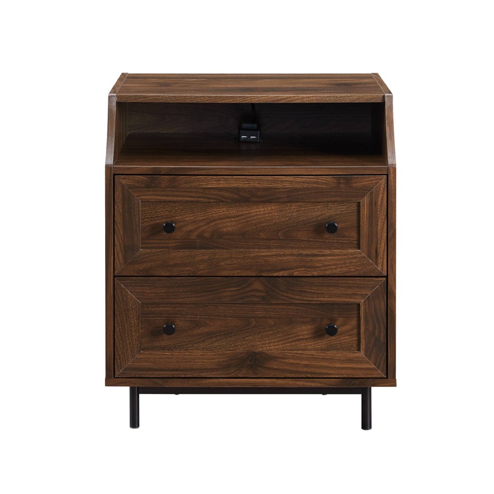 Transitional 2 Drawer Nightstand with USB Port Dark Walnut - Saracina Home: Bedside Table, Charging Station