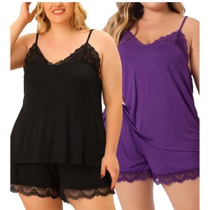 Agnes Orinda Women's Plus Size Adjustable Strap Elastic Waist Lace Trim Pajama Sets - 1 of 4
