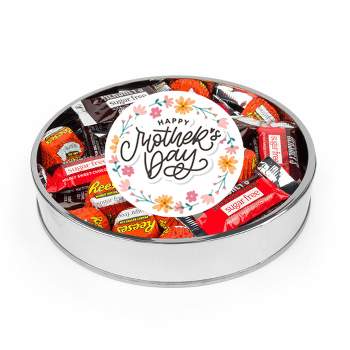 Mother's Day Sugar Free Chocolate Gift Tin Large Plastic Tin with Sticker and Hershey's Candy & Reese's Mix - Floral - By Just Candy