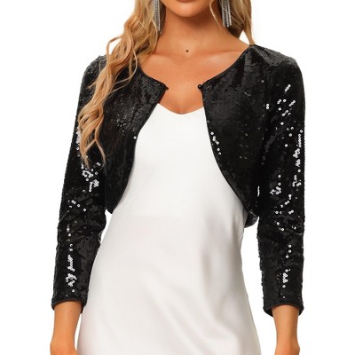 Allegra K Women's Sequin Sparkly Party 3/4 Sleeve Open Front Crop Bolero Shrug