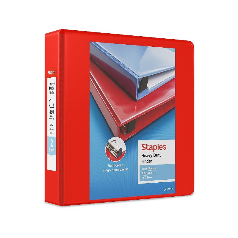 Staples Heavy-Duty 2-Inch D 3-Ring View Binder Red (26348) 56297-CC/26348, 1 of 9