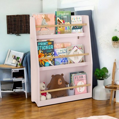 Alilang 22.83 Inch Kids' Pink Book Display Shelf with Three-Tier Storage and Natural Wood Rails - Pink