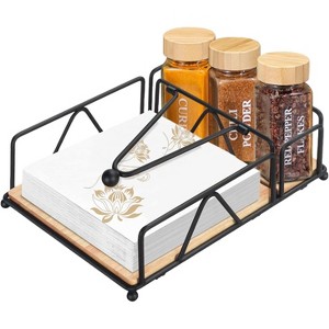 Wooden Base Napkin Holder with Salt & Pepper Shakers, Modern Metal Dispenser for Dining Table & Kitchen - 1 of 4