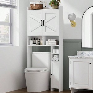Over Toilet Storage Cabinet with 2 Barn Doors and Holder Stand White Free Standing Bathroom Shelf Space Saver Restroom Laundry - 1 of 4