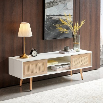 Chic Crate - 55.12" Rattan TV cabinet, double sliding doors for storage, adjustable shelf, solid wood legs, TV console for living room , White