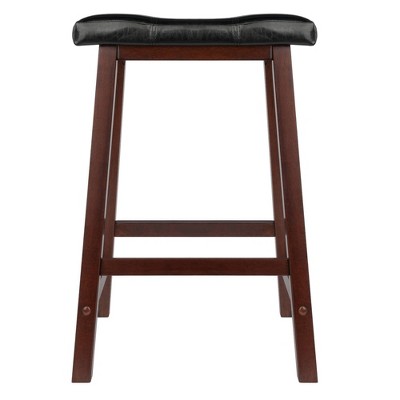 Black Faux Leather and Walnut Wood Saddle Counter Stool
