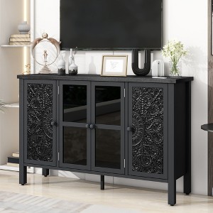 47.2" MDF Retro TV Stand with Glass Doors and 3 Cabinets, Sideboard Cabinet with Adjustable Shelves and Anti-tip Device for Living Room - 1 of 4
