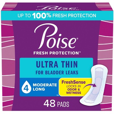 Poise Ultra Thin Incontinence Pads for Women - Moderate Absorbency - 4 Drop - Long - 48ct