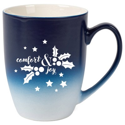 Elanze Designs Comfort & Joy Two Toned Ombre Matte Navy Blue and White 12 ounce Ceramic Stoneware Coffee Cup Mug