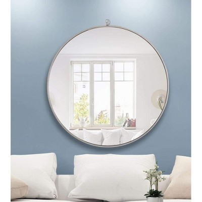 Contemporary Black Round Wood and Metal Wall Mirror, 42 Inch