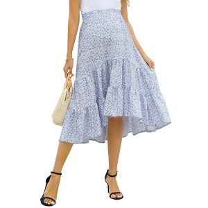 BLUEMING Maternity Skirts Floral High Low Hemline Dress Elastic Waist High Rise Tiered Maxi Skirts Flounce Long Skirts - 1 of 4