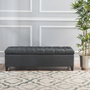 Vynxaria Contemporary Button-Tufted Storage Ottoman with Diamond Stitching and Birch Legs,Dark Gray - 1 of 4
