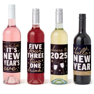 Big Dot of Happiness Hello New Year - 2025 NYE Party Decorations for Women and Men - Wine Bottle Label Stickers - Set of 4