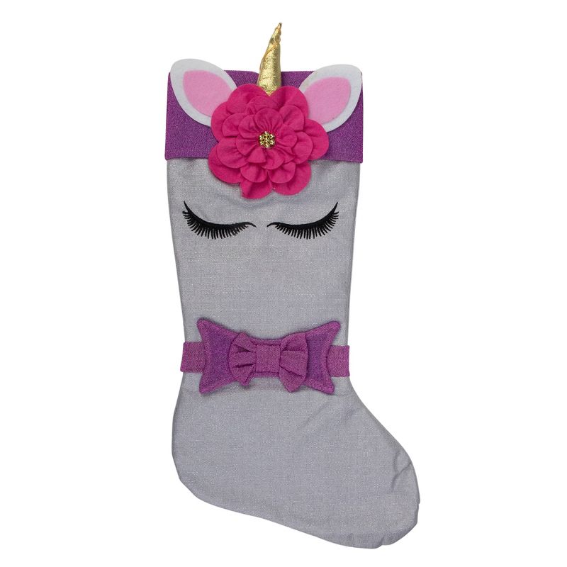 Northlight 20" White Unicorn Face Christmas Stocking with Purple Bow and Cuff, 1 of 4