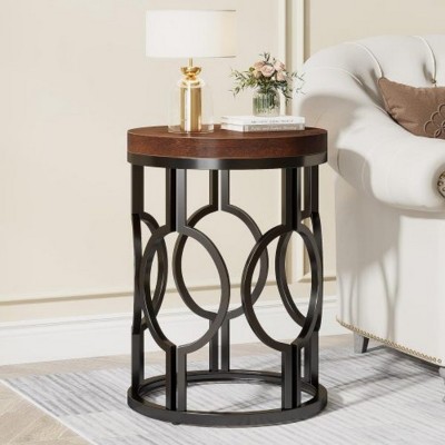 Syemin End Tables Round Industrial Side Table with Metal Openwork Frame, Rustic End Table Nightstand for Living Room, Brown, 17.72"*17.72"*23.62"