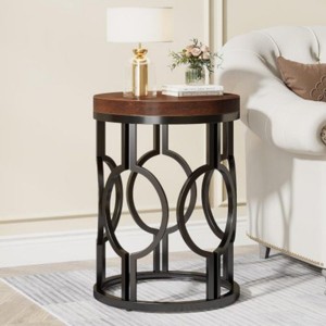 Syemin End Tables Round Industrial Side Table with Metal Openwork Frame, Rustic End Table Nightstand for Living Room, Brown, 17.72"*17.72"*23.62" - 1 of 4