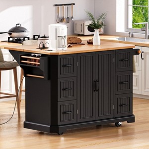 PexFix 56" Kitchen Island with Rubber Wood Veneer Drop Leaf & Power Outlet & 6 Deep Drawers Kitchen Cart on 4 Wheels for Kitchen Dining Room Black - 1 of 4